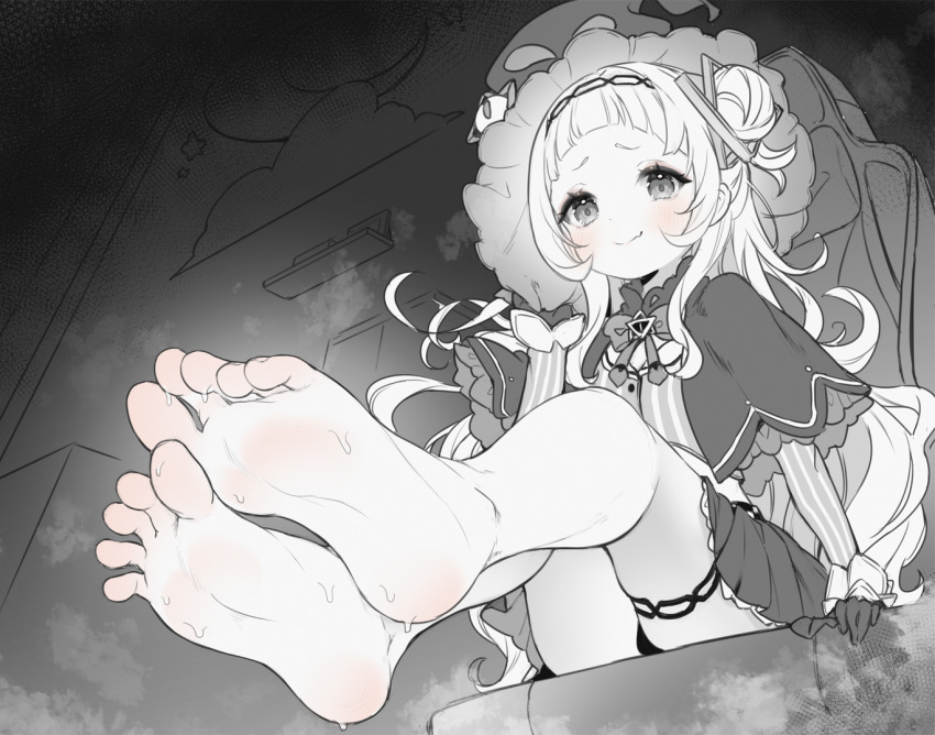 1girl arm_support barefoot blunt_bangs blush bow bowtie capelet closed_mouth eyelashes fang feet foot_focus foreshortening full_body greyscale hairband hand_up hat hexagram_hair_ornament hololive indoors legs long_hair long_sleeves looking_at_viewer miniskirt monochrome murasaki_shion murasaki_shion_(1st_costume) one_side_up panties sitting skin_fang skirt smell soles solo steaming_body sweatdrop thigh_strap thighs toes underwear virtual_youtuber witch_hat yazawa_oke