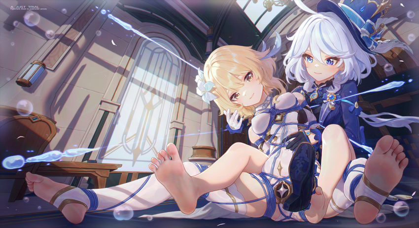 2girls black_gloves blonde_hair blue_eyes blue_hair blue_headwear blue_jacket blue_pupils breasts chinese_commentary closed_mouth commentary_request feet full_body furina_(genshin_impact) genshin_impact gloves half_gloves hat heterochromia highres icecake indoors jacket long_sleeves lumine_(genshin_impact) medium_breasts medium_hair mismatched_pupils multicolored_hair multiple_girls paid_reward_available purple_eyes purple_pupils shibari shoes sitting soles stirrup_legwear streaked_hair thighhighs toeless_legwear toes top_hat unworn_shoes white_gloves white_hair white_thighhighs yellow_eyes yuri