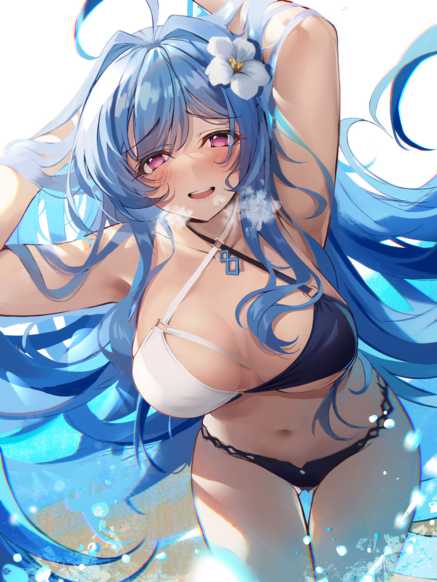 1girl ahoge alternate_breast_size azur_lane bikini blue_hair breasts cowboy_shot criss-cross_halter flower hair_flower hair_ornament halterneck heaven's_melody helena_(azur_lane) helena_(shimmering_triangle_wave)_(azur_lane) highres large_breasts long_hair looking_at_viewer mixed-language_commentary official_alternate_costume purple_eyes smile swimsuit two-tone_bikini