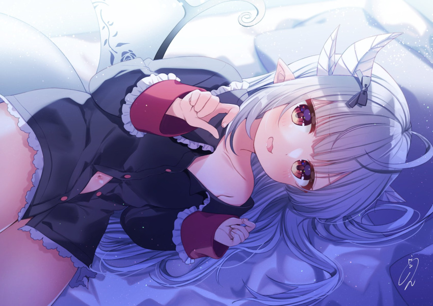 1girl bed breasts character_request collarbone commission copyright_request dragon_girl dragon_tail dragon_wings grey_hair hair_ornament highres kisukekun looking_at_viewer navel open_mouth pillow pointy_ears red_eyes simple_background skeb_commission small_breasts solo tail virtual_youtuber white_background wings