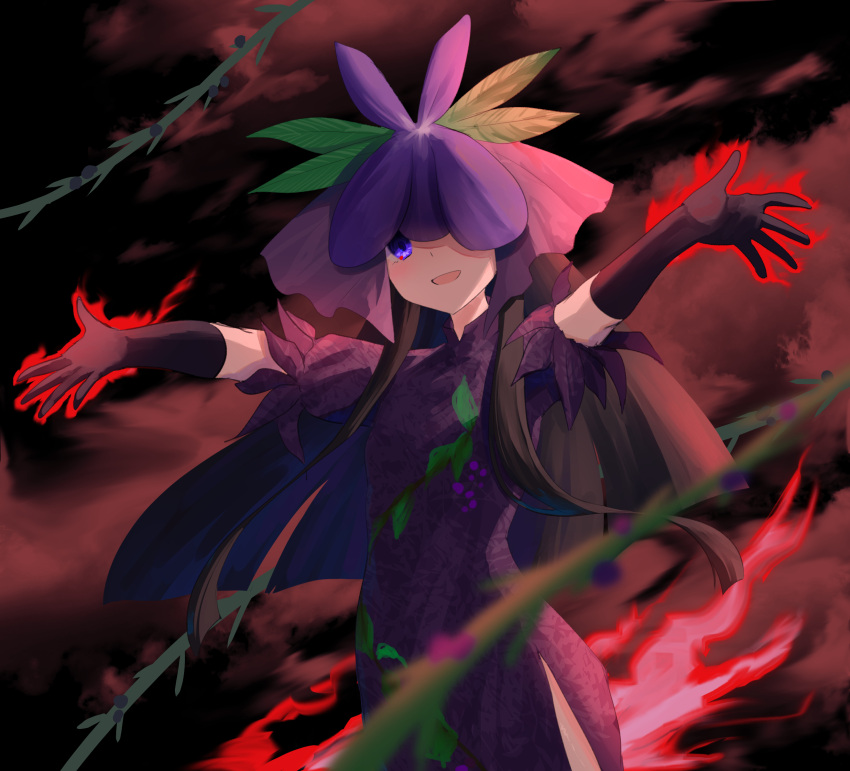 1girl aura black_gloves black_hair black_sky breasts china_dress chinese_clothes cloud commentary_request cowboy_shot dress elbow_gloves flower flower_on_head gloves grape_print highres long_hair looking_at_viewer nettian51 one_eye_covered open_mouth outstretched_arms print_dress purple_dress purple_eyes purple_flower short_sleeves sidelocks sky small_breasts smile solo spread_arms touhou vine_print yomotsu_hisami