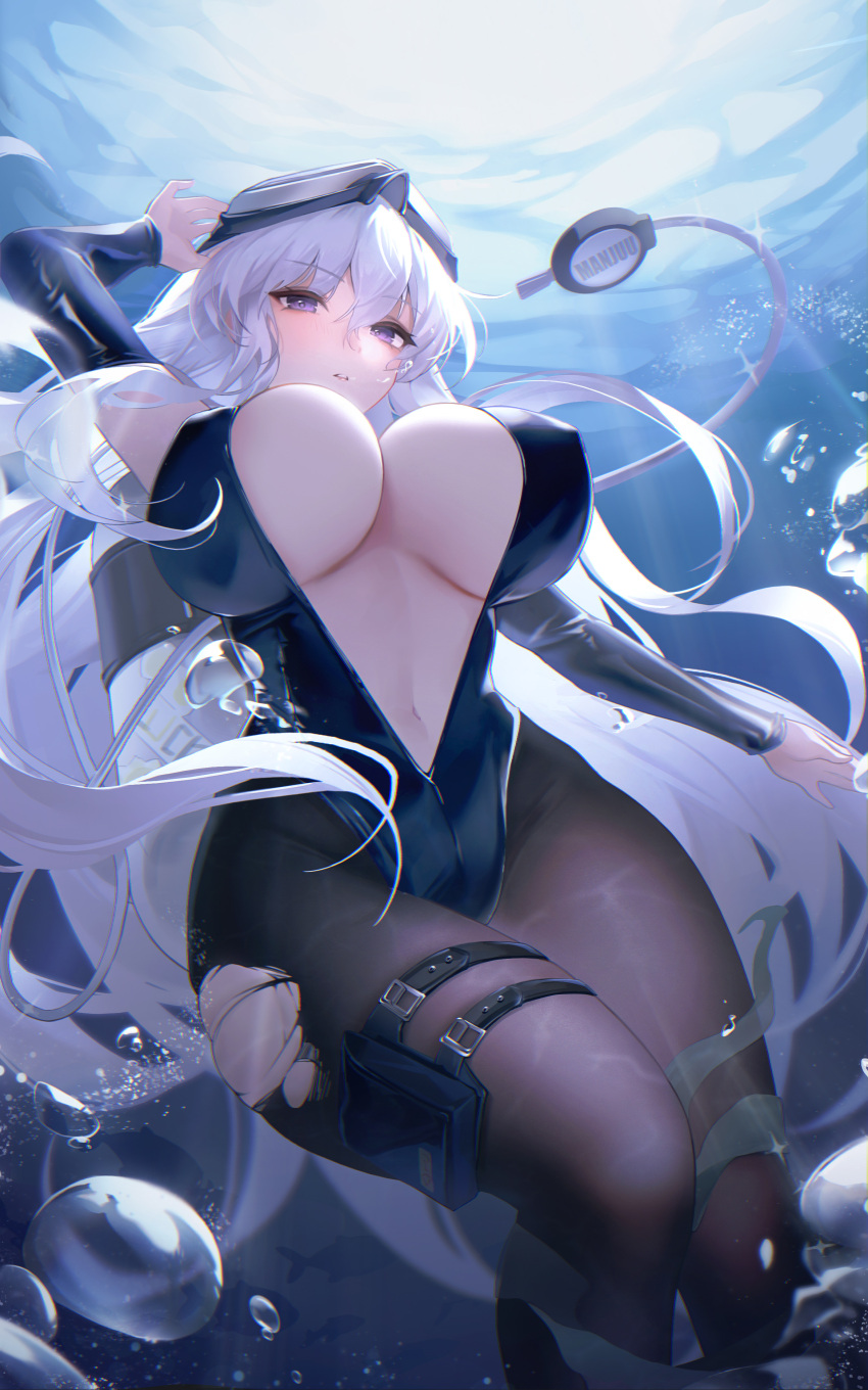 1girl absurdres air_bubble azur_lane black_leotard black_pantyhose breasts bubble cleavage covered_nipples enterprise_(azur_lane) enterprise_(diving_under_blue_skies)_(azur_lane) goggles goggles_on_head highres large_breasts leotard long_hair long_sleeves looking_at_viewer official_alternate_costume pantyhose parted_lips pupuki purple_eyes scuba_gear solo submerged swim_goggles thigh_pouch thighs torn_clothes torn_pantyhose underwater