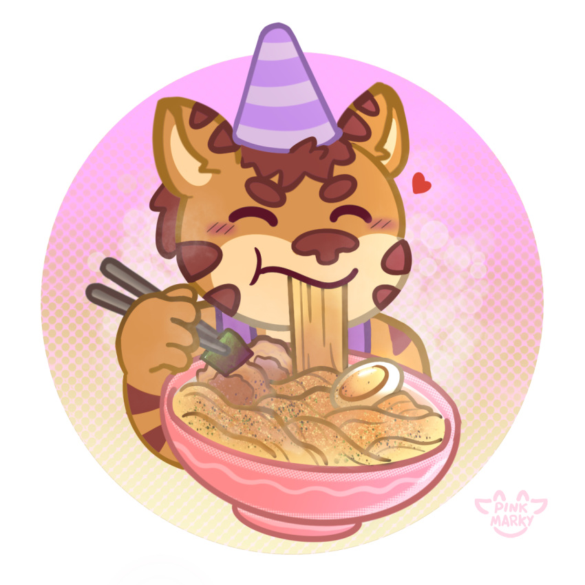 anthro birthday_hat blush bowl brown_hair chopsticks container eating egg_(food) eyes_closed felid food fur gabe_(mytigertail) hair hi_res male mammal noodles orange_body orange_fur pantherine pasta pink_marky ramen simple_background slightly_chubby solo stripes tiger white_background