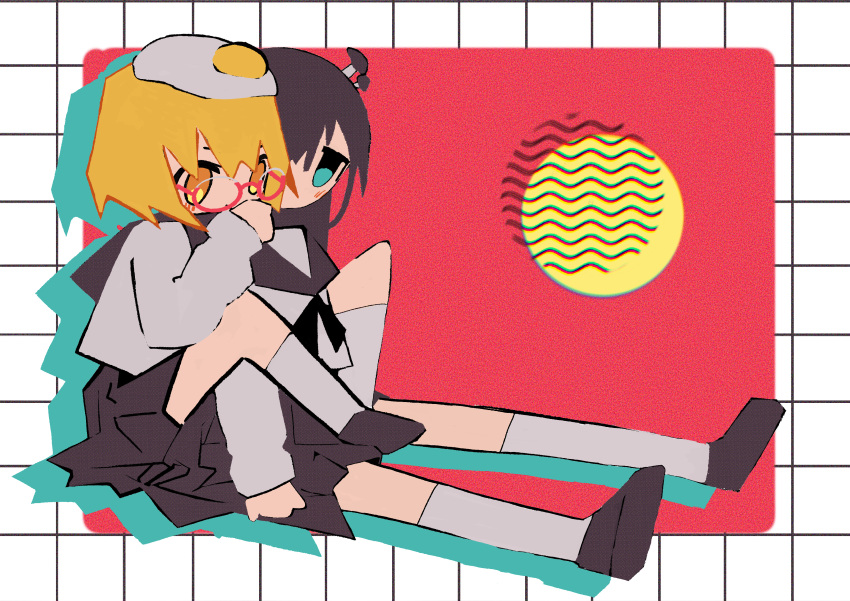 2girls absurdres black_hair black_neckerchief black_sailor_collar black_skirt blonde_hair blue_eyes blush commentary_request drop_shadow expressionless food food_on_head fried_egg glasses grey_shirt grey_socks grid_background hand_on_another's_shoulder head_on_another's_shoulder highres hug hug_from_behind jitome kneehighs leg_lock long_hair long_sleeves looking_at_another multiple_girls mushroom neckerchief no_sclera object_on_head outside_border outstretched_legs red-framed_eyewear red_background sailor_collar school_uniform semi-rimless_eyewear serafuku shimeji_simulation shirt shoes short_hair skirt socks tsukushima_shijima w-9 yamashita_majime yellow_eyes