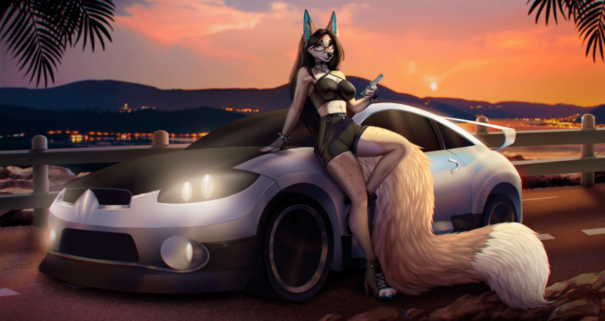 2023 amur anthro breasts brown_hair canid canine car clothed clothing day detailed_background digital_media_(artwork) ear_piercing ear_ring female fox hair hi_res mammal outside piercing ring_piercing sky smile vehicle