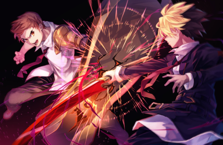 2boys ahoge armband black_hair blonde_hair clash duel fighting holding holding_shield holding_sword holding_weapon hyde_(under_night_in-birth) multicolored_hair multiple_boys necktie online_neet open_mouth orange_eyes orange_hair school_uniform shield shirt short_hair sword tsurugi_(under_night_in-birth) two-tone_hair under_night_in-birth under_night_in-birth_2_sys:celes weapon white_shirt