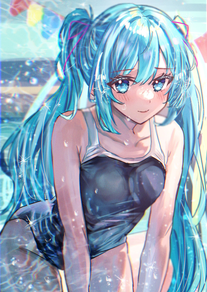 1girl alternate_costume aqua_eyes aqua_hair bare_arms bare_shoulders blue_one-piece_swimsuit blush bow breasts collarbone cowboy_shot day decorations hair_between_eyes hair_bow hair_ornament hatsune_miku highres light_smile long_hair looking_at_viewer medium_breasts natukisigure one-piece_swimsuit outdoors party pool reflection ripples sleeveless smile solo sunlight swimsuit thick_eyelashes twintails vocaloid water wet wet_hair