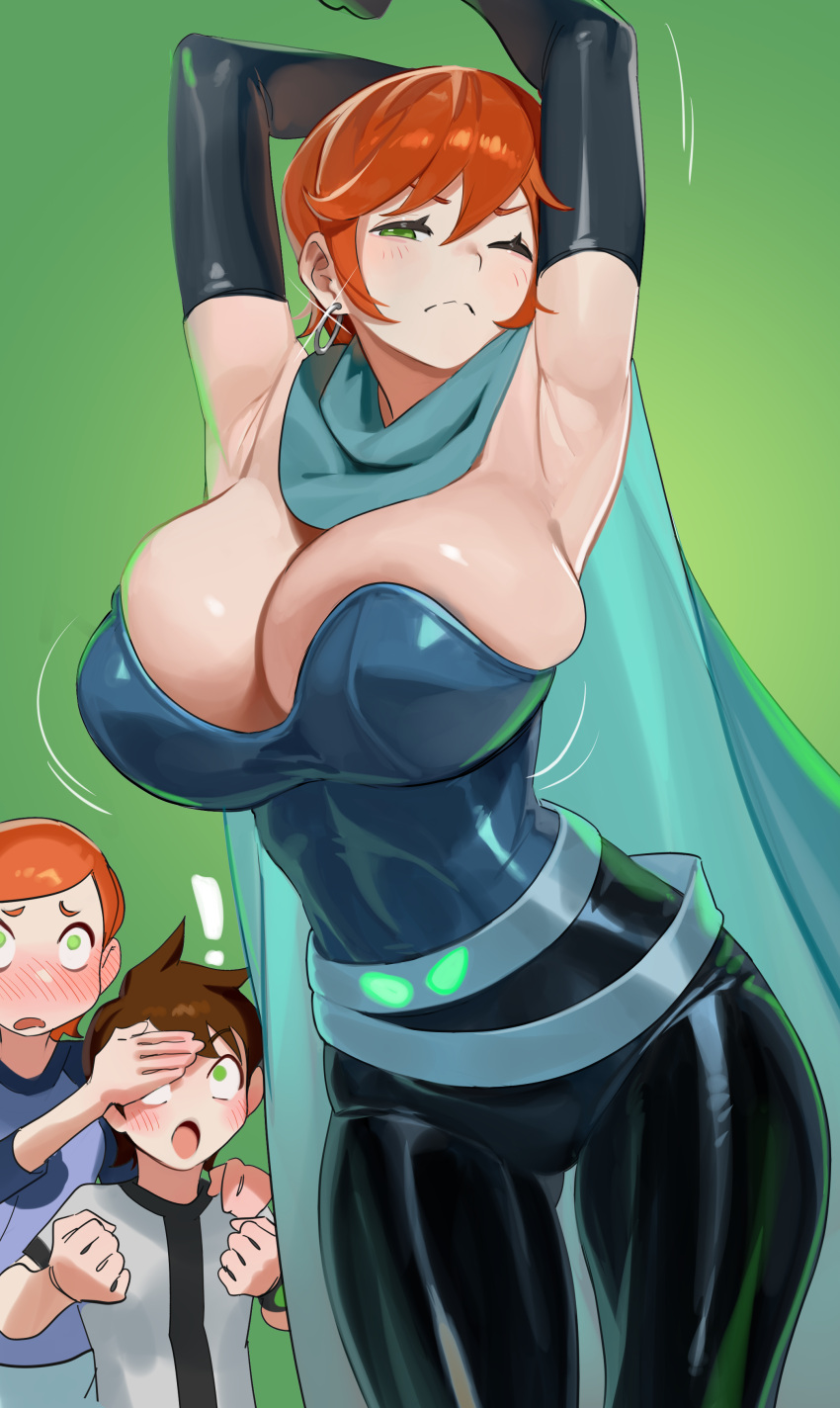! 1boy 2girls absurdres aged_up animification armpits arms_up ben_10 ben_tennyson blush breasts cape dual_persona elbow_gloves gloves green_eyes gwen_tennyson hair_between_eyes highres jewelry large_breasts latex latex_gloves looking_at_viewer multiple_girls nia_(nia4294) one_eye_closed pants red_hair shiny_clothes short_hair simple_background tight_clothes tight_pants