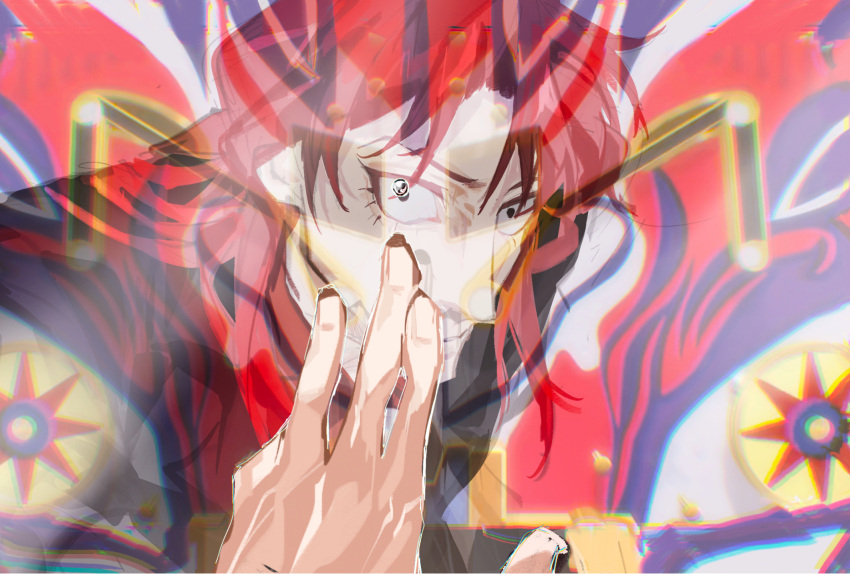 1boy black_eyes black_jacket blazer chinese_commentary commentary_request constricted_pupils fingernails highres houlong_siche ichijou_seiya jacket kaiji long_hair long_sleeves looking_at_viewer male_focus medium_bangs necktie pachinko pachinko_ball red_hair red_shirt shirt solo suit upper_body white_necktie