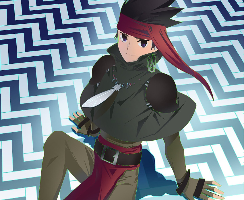 1boy arc_the_lad arc_the_lad_ii bandana belt black_hair closed_mouth earrings elc_(arc_the_lad) feathers fingerless_gloves gloves highres jewelry looking_at_viewer male_focus protected_link save_scene_a short_hair solo spiked_hair