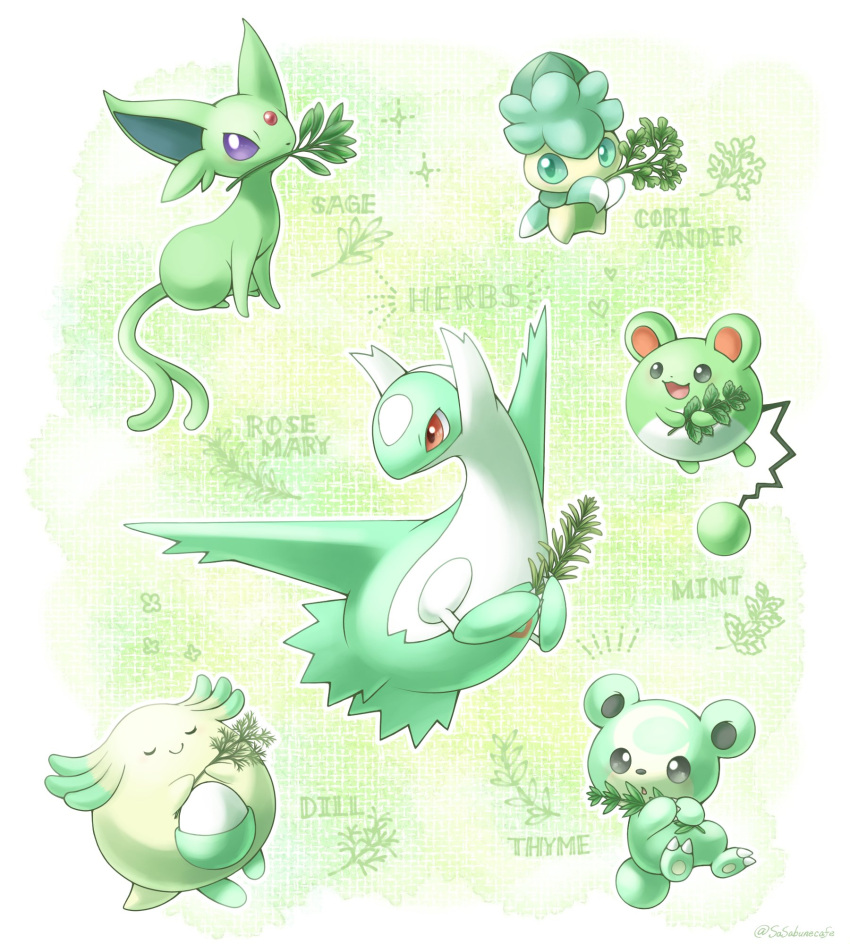 alternate_color chansey closed_eyes espeon fomantis green_background herb highres holding holding_plant latios marill mint open_mouth plant pokemon pokemon_(creature) purple_eyes red_eyes rosemary_(herb) sasabunecafe shiny_pokemon smile teddiursa twitter_username yellow_background