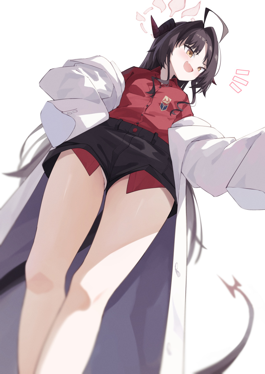 1girl absurdres bad_anatomy bad_perspective black_shorts blue_archive coat collared_shirt from_below highres kasumi_(blue_archive) lab_coat long_hair open_mouth red_shirt shirt shirt_tucked_in shorts shun'ya_(daisharin36) simple_background sleeves_past_fingers sleeves_past_wrists smile solo white_background white_coat