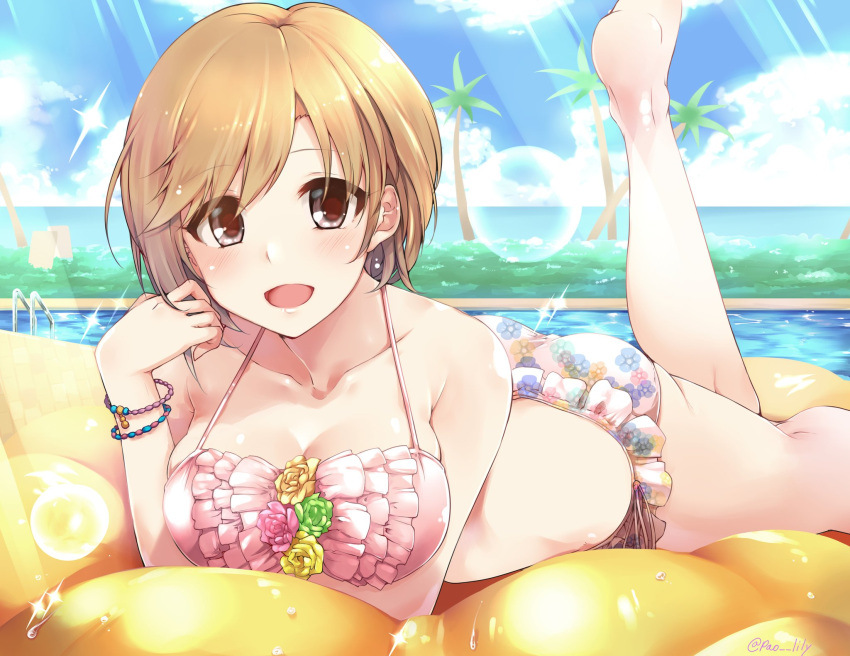 1girl aiba_yumi arm_under_breasts ass bikini blonde_hair blush boat breasts brown_eyes cloud cloudy_sky collarbone day dot_nose earrings floral_print flower frilled_bikini frills grass hand_up highres idolmaster idolmaster_cinderella_girls idolmaster_cinderella_girls_starlight_stage jewelry leg_up looking_at_viewer lying medium_breasts necklace ocean on_stomach open_mouth paopao pine_tree pool print_bikini short_hair sky smile solo sunlight swimsuit tree watercraft