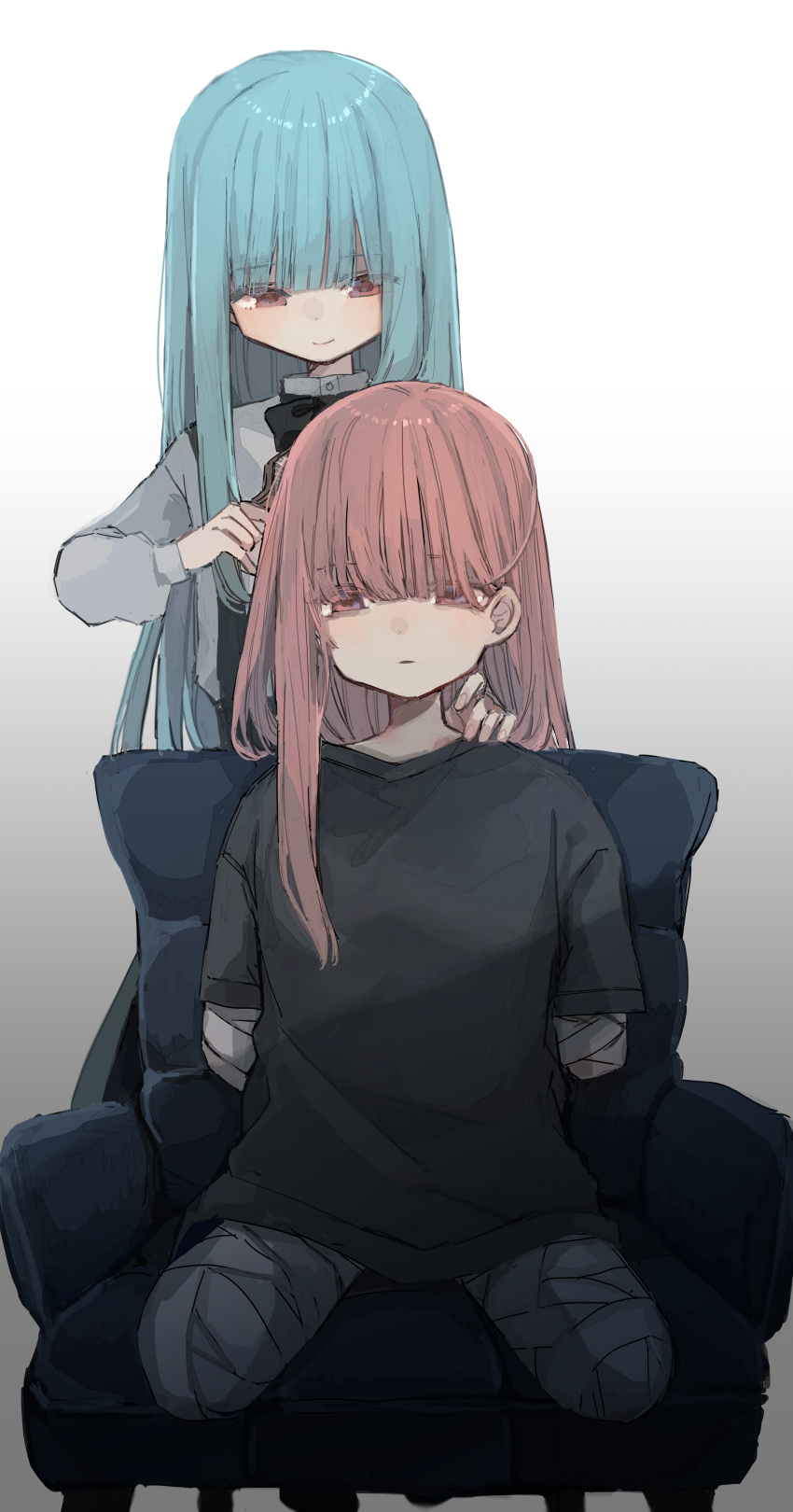 2girls absurdres amputee armchair bags_under_eyes bandaged_arm bandaged_leg bandages behind_another black_bow black_bowtie black_shirt blank_stare blue_hair bow bowtie brushing_another's_hair brushing_hair chair commentary_request commission expressionless grey_shirt hand_on_another's_shoulder highres kotonoha_akane kotonoha_aoi long_hair long_sleeves looking_ahead looking_at_another multiple_girls on_chair parted_lips pink_eyes pink_hair quadruple_amputee sayonaka_megumo shirt short_sleeves siblings single_sidelock sisters sitting skeb_commission smile standing suspenders t-shirt voiceroid