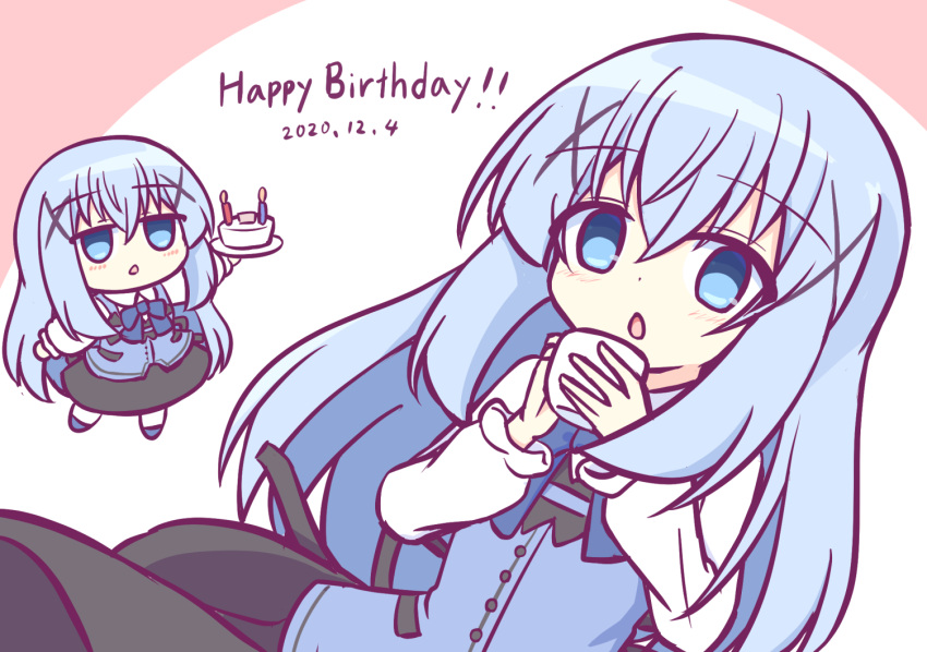 1girl black_dress blue_eyes blue_hair blue_vest blush bow buttons cake candle chibi cup dated dress english_text food gochuumon_wa_usagi_desu_ka? hair_between_eyes hair_ornament hand_up happy_birthday holding holding_cake holding_cup holding_food kafuu_chino kashimu long_hair open_mouth shirt smile upper_body vest x_hair_ornament