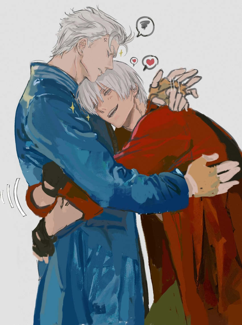 2boys afterimage belt_bra black_gloves blue_coat blue_eyes brothers chaloobie coat dante_(devil_may_cry) devil_may_cry_(series) devil_may_cry_3 fingerless_gloves gloves highres holding hug jacket male_focus multiple_boys red_coat siblings smile twins vergil_(devil_may_cry) white_hair