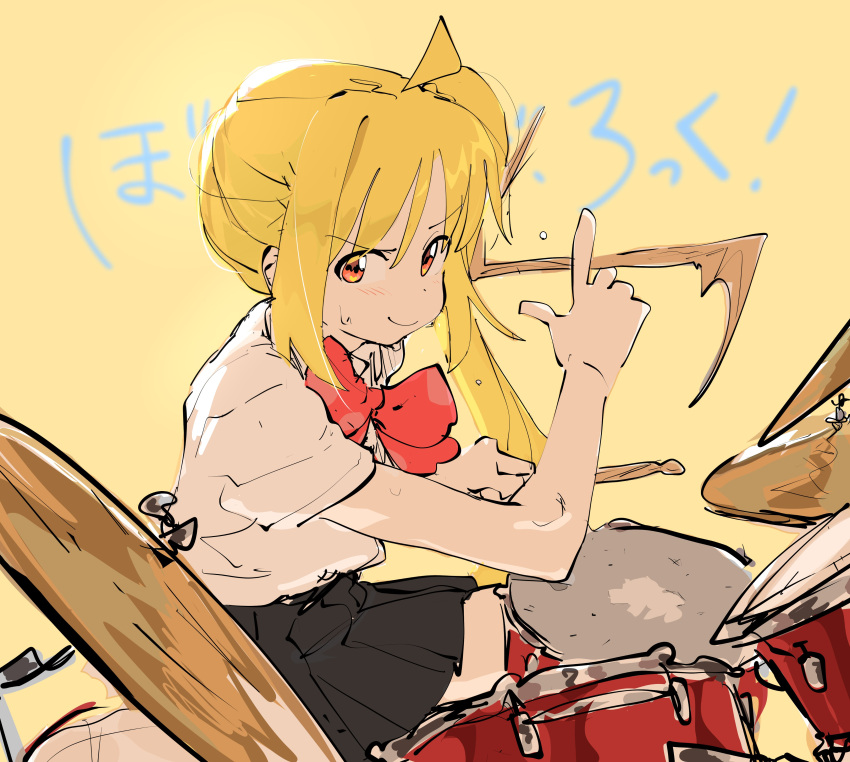 1girl absurdres ahoge black_skirt blonde_hair bocchi_the_rock! bow bowtie closed_mouth copyright_name cymbals dress_shirt drum drum_set drumming drumsticks feet_out_of_frame hand_up highres holding holding_drumsticks ijichi_nijika index_finger_raised instrument light_blush long_hair looking_at_viewer nangnangnang orange_eyes pleated_skirt polka_dot_bowtie raised_eyebrow red_bow red_bowtie shirt short_sleeves side_ponytail sitting skirt smear_frame smirk solo sweat translation_request twirl v-shaped_eyebrows white_shirt yellow_background