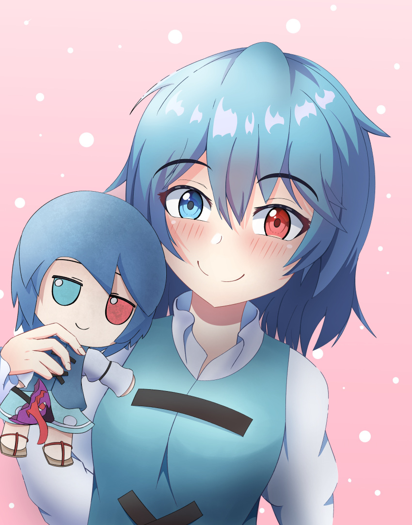 1girl absurdres blue_eyes blue_hair blush closed_mouth commentary dimples_of_venus doll english_commentary fumo_(doll) gruvyboi heterochromia highres holding holding_doll pink_background red_eyes short_hair solo tatara_kogasa touhou upper_body