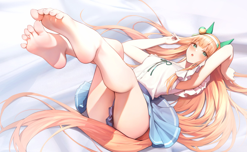 1girl absurdres animal_ears aqua_eyes arm_up bare_legs barefoot bed_sheet blue_skirt breasts commentary ear_covers eyelashes feet foreshortening frilled_sleeves frills full_body hair_ornament hairband hand_up highres horse_ears horse_girl horse_tail legs legs_up long_hair lying miniskirt on_back open_mouth orange_hair pleated_skirt risa_(pixiv23908854) shadow shirt short_sleeves silence_suzuka_(umamusume) skirt soles solo spread_toes tail thighs toe_scrunch toenails toes umamusume white_shirt