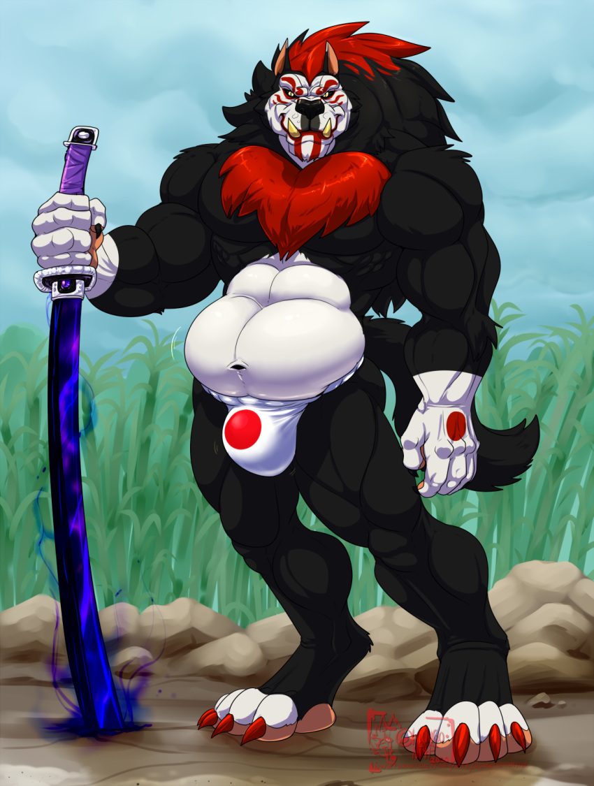 2020 anthro artist_name asian_clothing asian_mythology athletic athletic_anthro athletic_male belly belly_jiggle biceps big_belly big_bulge black_body black_fur black_hair black_sclera bouncing_belly bouncing_bulge bulge canid canine canis chest_tuft claws clothing demon detailed_background digital_drawing_(artwork) digital_media_(artwork) east_asian_clothing east_asian_mythology fingers fundoshi fur hair hi_res hungothenomster japanese_clothing japanese_flag japanese_mythology jiggling katana long_hair looking_at_viewer male mammal melee_weapon motion_lines multicolored_body multicolored_fur multicolored_hair muramasa_(hungothenomster) musclegut muscular muscular_anthro muscular_male muscular_thighs mythology navel oni outside red_body red_fur red_hair sharp_teeth smile solo sword teeth toe_claws tuft two_tone_hair underwear watermark weapon white_body white_fur wolf yellow_eyes yokai