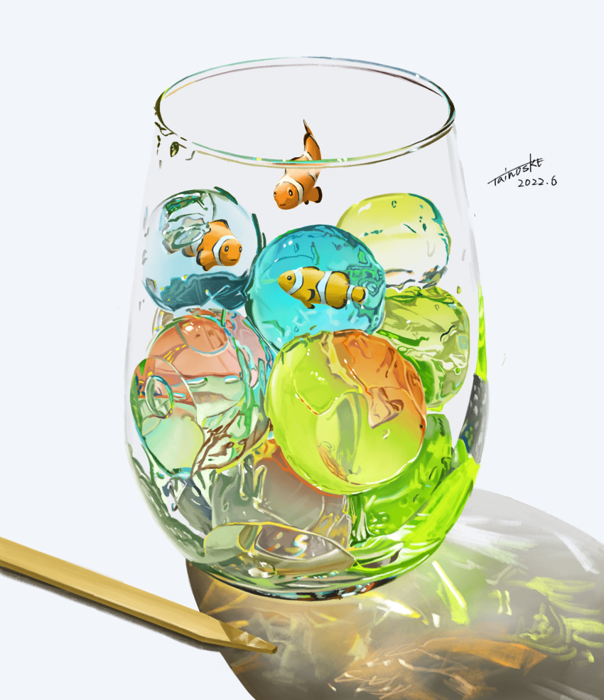 absurdres clownfish cup dated fish food food_focus gelatin highres no_humans original reflection refraction shadow signature tainosuke transparent tropical_fish white_background