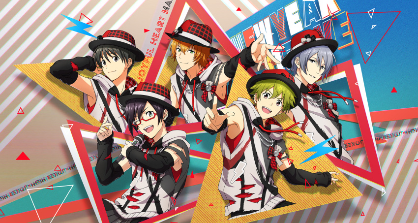 5boys ;d akiyama_hayato black_hair detached_sleeves ear_piercing fedora fingernails fuyumi_jun glasses green_eyes green_hair grey_hair hair_between_eyes hat high_x_joker_(idolmaster) highres holding holding_microphone hood hood_down hoodie idol idolmaster idolmaster_side-m idolmaster_side-m_growing_stars iseya_shiki male_focus microphone multiple_boys official_art one_eye_closed open_mouth orange_hair piercing red-framed_eyewear sakaki_natsuki smile teeth upper_teeth_only wakazato_haruna