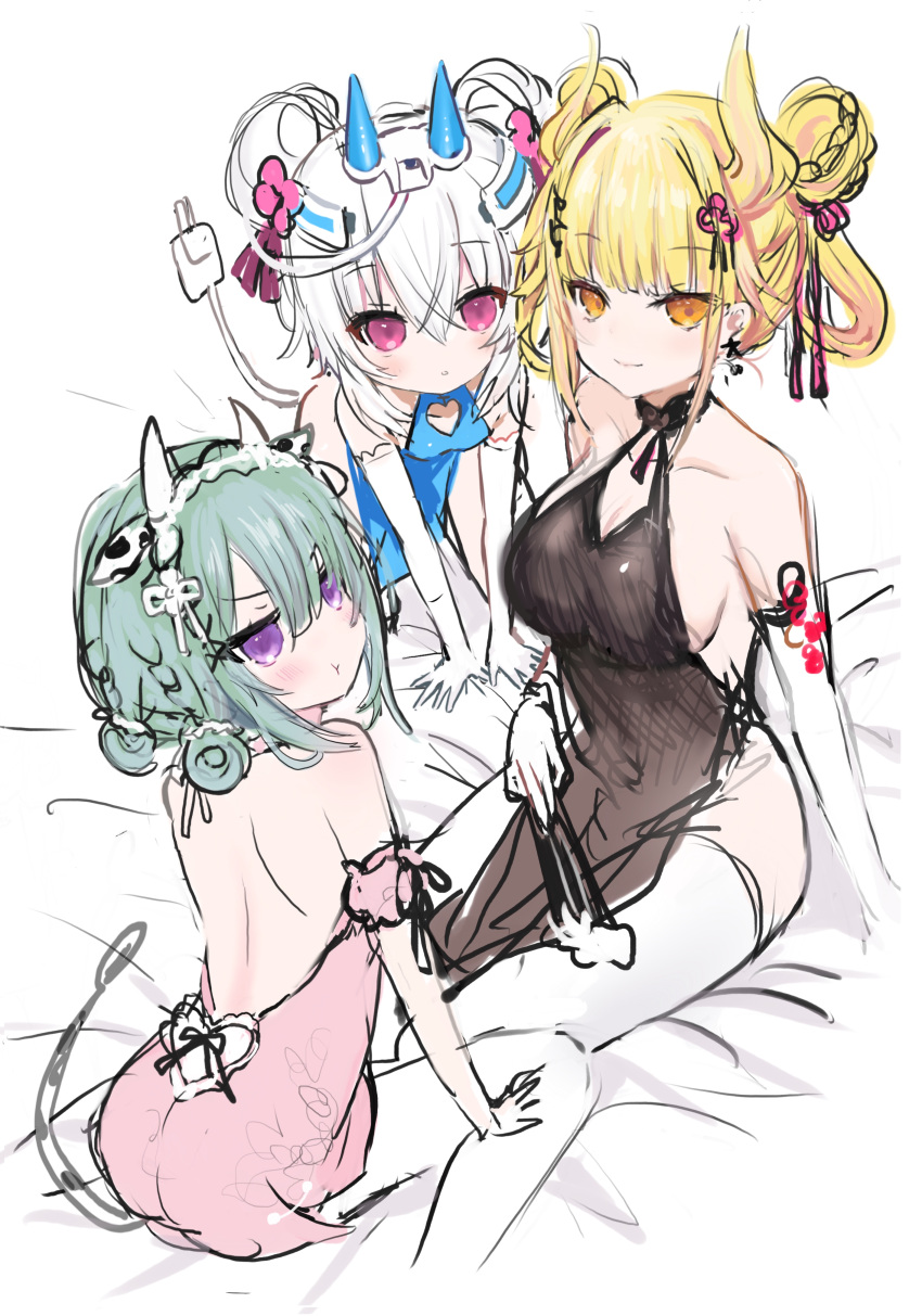 3girls :t absurdres all_fours animal_ears backless_dress backless_outfit bare_shoulders bed_sheet black_dress blonde_hair blue_dress breasts brown_eyes cable cable_tail character_request china_dress chinese_clothes cleavage closed_mouth clothing_cutout cow_ears cow_girl cow_horns cow_tail double_bun dress elbow_gloves folded_fan folding_fan gloves green_hair hair_bun hair_rings hand_fan heart_cutout highres holding holding_fan horns indie_virtual_youtuber large_breasts mechanical_tail multiple_girls olda_(vtuber) padko pink_dress pout purple_eyes shiodome_oji sitting sketch sleeveless sleeveless_dress square_live tail thighhighs virtual_youtuber wariza white_gloves white_hair white_thighhighs