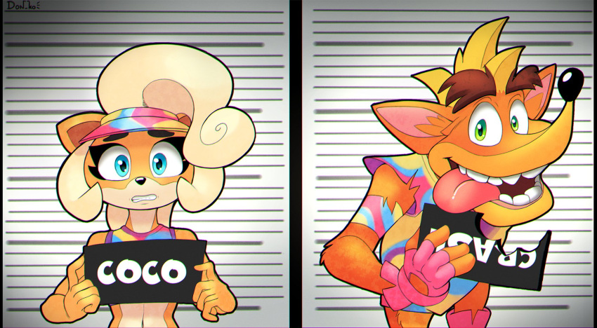 2023 5_fingers activision anthro armband artist_name bandicoot barbie_and_ken_mugshot_meme black_nose blonde_hair blue_eyes brother_(lore) clothing coco_bandicoot crash_bandicoot crash_bandicoot_(series) don_ko duo eyebrows eyelashes female fingers frown green_eyes hair hat headgear headwear hi_res holding_object jail_placard long_hair looking_at_viewer male mammal marsupial mugshot navel open_mouth open_smile shirt sibling_(lore) sister_(lore) smile tank_top teeth tongue tongue_out topwear visor_cap