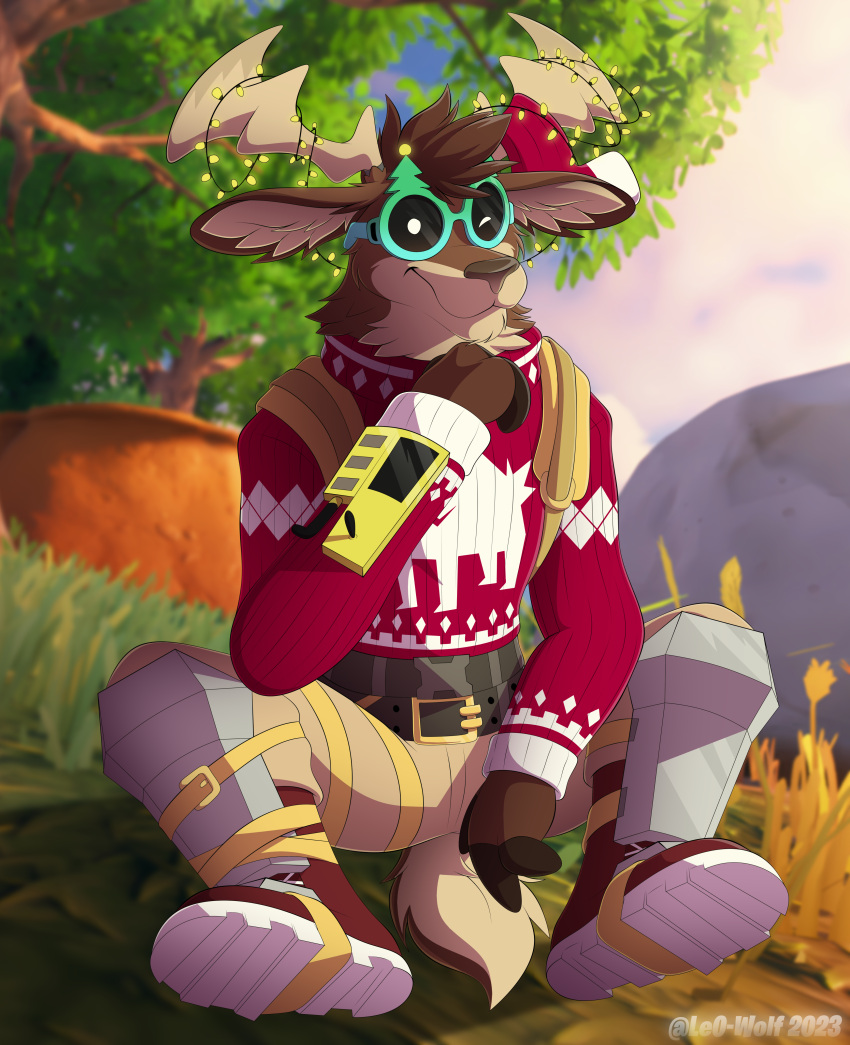 2023 absurd_res anthro antlers artist_name belt bottomwear clothing deer dolph_(fortnite) epic_games eyewear footwear fortnite glasses grass hi_res horn leo-wolf male mammal outside pants plant plantigrade shoes sitting solo sweater topwear tree year