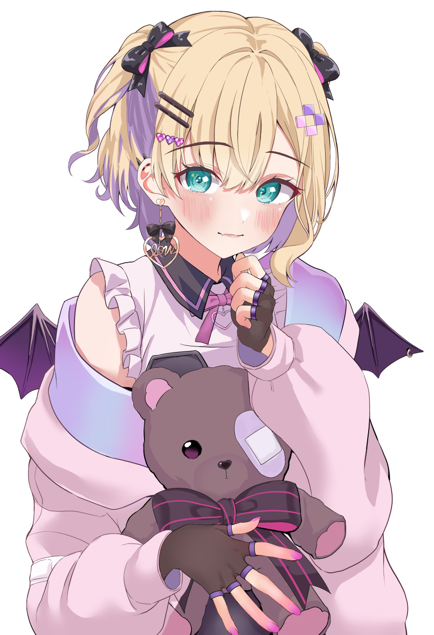 1girl absurdres arm_strap bandaid bandaid_on_arm bandaid_on_clothes bandaid_on_eye bat_wings black_bow black_corset black_gloves blonde_hair blush bow bowtie breasts buckle coat commentary_request corset earrings fang fingerless_gloves frilled_shirt frills gloves green_eyes hair_between_eyes hair_bow hair_ornament hairclip heart heart-shaped_buckle heart_hair_ornament highres holding holding_stuffed_toy jewelry kurumi_noah large_breasts looking_at_viewer nakano_kura off_shoulder open_clothes open_coat pierced_wings pink_bow pink_bowtie pink_coat pink_nails shirt short_hair sleeveless sleeveless_shirt smile solo stuffed_animal stuffed_toy teddy_bear two_side_up virtual_youtuber vspo! white_shirt wings