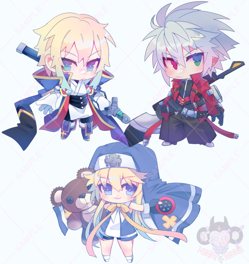 3boys aqua_eyes aqua_hair arc_system_works bike_shorts black_gloves black_pants blazblue blazblue:_continuum_shift blonde_hair blue_eyes bridget_(guilty_gear) chibi ecchibeef fingerless_gloves gloves gradient_hair green_eyes grey_hair guilty_gear_xx habit hakama hakama_pants heterochromia highres holding holding_sword holding_weapon jacket japanese_clothes jin_kisaragi looking_at_viewer male_focus mars_symbol medium_hair multicolored_hair multiple_boys nun otoko_no_ko pants ragna_the_bloodedge red_eyes red_jacket ribbon roger_(guilty_gear) short_hair_with_long_locks smile stuffed_animal stuffed_toy sword teddy_bear uniform weapon yellow_ribbon yo-yo yukianesa