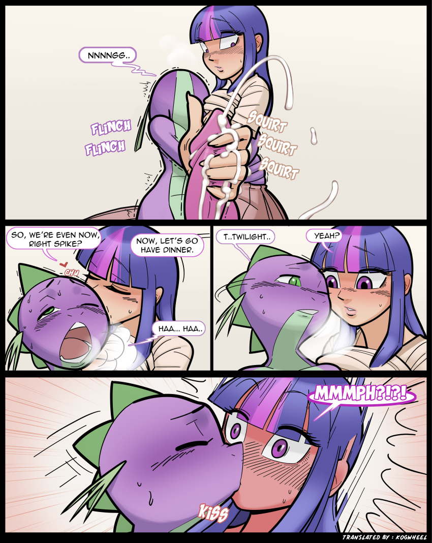 absurd_res age_difference anthro bodily_fluids comic cum cum_on_penis dragon duo female friendship_is_magic garam genital_fluids genitals hasbro hi_res human kiss_on_lips kissing male male/female mammal my_little_pony penis spike_(mlp) teenager twilight_sparkle_(mlp) young younger_male