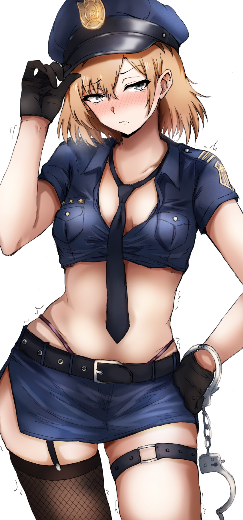 1girl belt black_gloves blonde_hair blue_headwear blue_shirt blue_skirt blush breast_pocket breasts brown_thighhighs closed_mouth collared_shirt cosplay cowboy_shot crop_top cuffs embarrassed fishnet_thighhighs fishnets frown garter_straps gloves grey_eyes hand_on_own_hip hand_up handcuffs hat highleg highres looking_at_viewer midriff miniskirt miyamori_aoi necktie nose_blush panty_straps peaked_cap pencil_skirt pocket police police_hat police_uniform policewoman shirobako shirt short_hair short_sleeves side_slit simple_background single_thighhigh skirt small_breasts solo stomach tahita1874 tearing_up thigh_strap thighhighs thighs trembling uniform wavy_mouth white_background