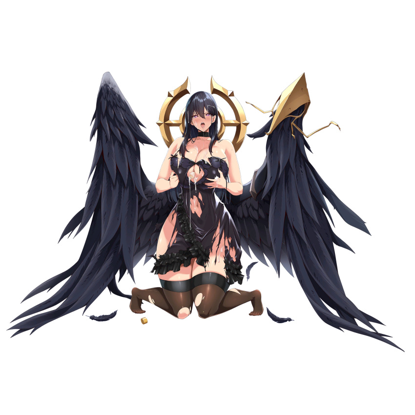 1girl ahegao babydoll bare_arms bare_shoulders between_breasts black_choker black_feathers black_hair black_negligee black_wings bottle bottle_cap breasts breasts_squeezed_together brown_thighhighs choker cleavage collarbone covered_nipples defeat dress falling_feathers feathered_wings feathers frilled_negligee frills full_body hair_between_eyes hair_over_breasts halo highres huge_breasts kloah kneeling last_origin linea_alba lingerie long_hair nail_polish navel negligee official_alternate_costume official_art open_mouth purple_eyes purple_nails revealing_clothes saliva saraqael_(last_origin) sexually_suggestive sidelocks simple_background solo spill suggestive_fluid tachi-e thick_thighs thighhighs thighs tongue tongue_out torn_clothes torn_dress torn_thighhighs transparent_background underwear wing_ornament wings zettai_ryouiki