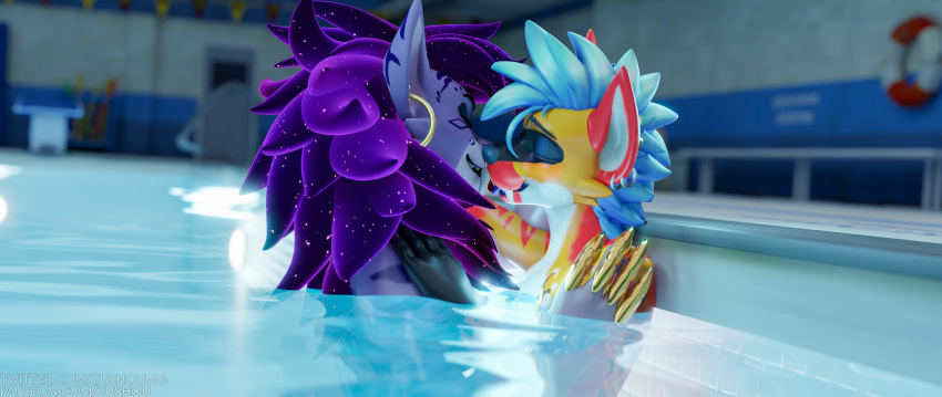 3d_(artwork) absurd_res anthro blender_(software) blue_hair blush cuddling digital_media_(artwork) duo fangs female female/female hair hi_res hyena jewelry kissing licking mammal partially_submerged pool purple_hair sabertooth_(anatomy) swimming teeth tongue tongue_out vrchat water watermark wet zushou