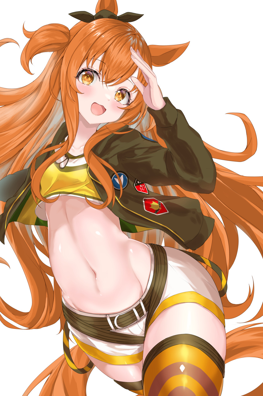 1girl absurdres animal_ears belt black_bow blush bomber_jacket bow breasts commentary_request cowboy_shot cropped_shirt dog_tags ear_bow green_jacket hair_between_eyes harness highres horse_ears horse_girl horse_tail jacket long_sleeves mayano_top_gun_(umamusume) navel open_clothes open_jacket open_mouth orange_eyes orange_hair salute shirt shorts simple_background small_breasts smile solo striped striped_shirt tail thighhighs tsuyusora two_side_up umamusume white_background white_shorts