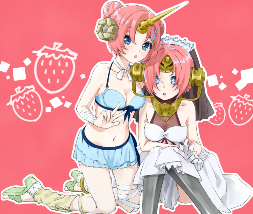 2girls bandaged_arm bandaged_leg bandages bare_shoulders bikini blue_bikini blue_eyes blush breasts bridal_veil cleavage double_bun dress dual_persona fate/grand_order fate_(series) food frankenstein's_monster_(fate) frankenstein's_monster_(swimsuit_saber)_(fate) fruit gloves hair_bun hair_ornament hair_over_eyes hair_over_one_eye horns kneeling looking_at_viewer mechanical_horns medium_breasts multiple_girls navel open_mouth pink_hair red_background see-through see-through_cleavage short_hair single_horn sitting stomach strawberry swimsuit user_rcyg2458 veil w wedding_dress white_dress white_gloves