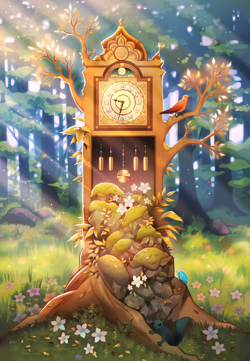 abandoned acorn animal bird blue_butterfly branch bug butterfly clock english_commentary flower forest grandfather_clock grass highres leaf light_particles light_rays longestdistance moss nature no_humans original squirrel white_flower