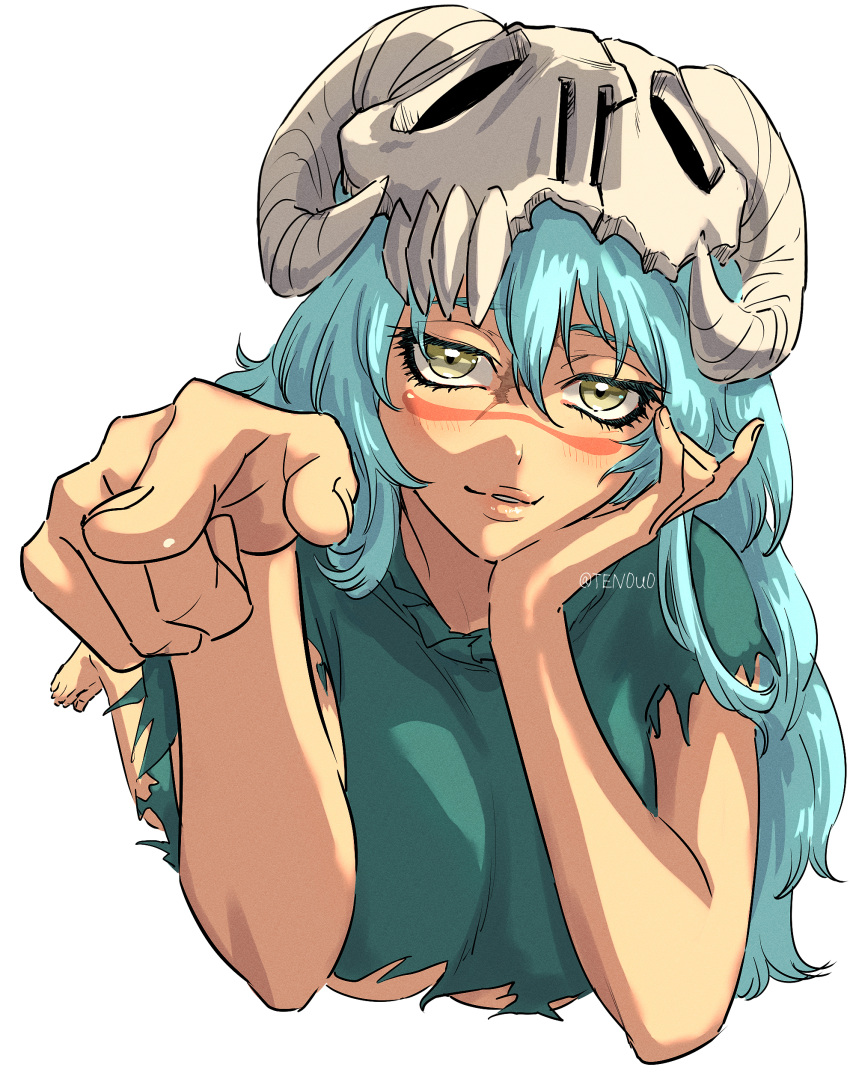 1girl absurdres aqua_hair arrancar bleach breasts facepaint foreshortening hair_between_eyes hand_on_own_face highres long_hair looking_at_viewer lying mask nelliel_tu_odelschwanck on_stomach pointing pointing_at_viewer scar scar_on_face shirt skull skull_mask skull_on_head solo ten0u0 torn_clothes torn_shirt twitter_username underboob yellow_eyes