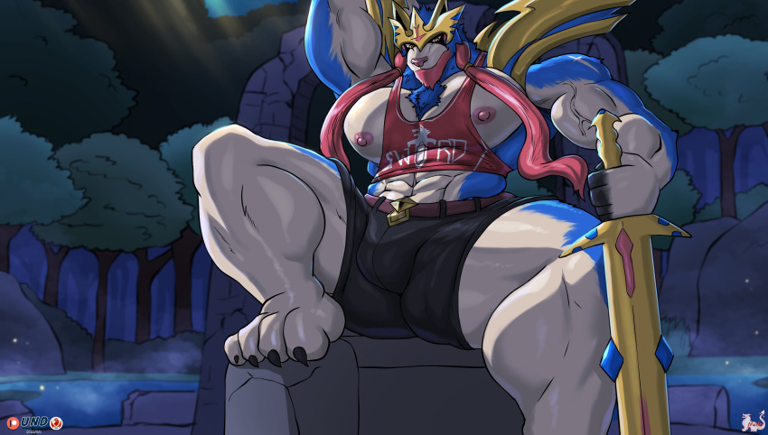 anthro armor big_muscles blue_body bottomwear canid canine clothed clothing crowned_sword_zacian forest fur generation_8_pokemon hi_res holding_object holding_sword holding_weapon humanoid legendary_pokemon looking_at_viewer male mammal masterelrest melee_weapon muscular muscular_anthro muscular_male nintendo nipples pecs plant pokemon pokemon_(species) shirt shorts sitting solo sword topwear tree vein veiny_muscles weapon zacian