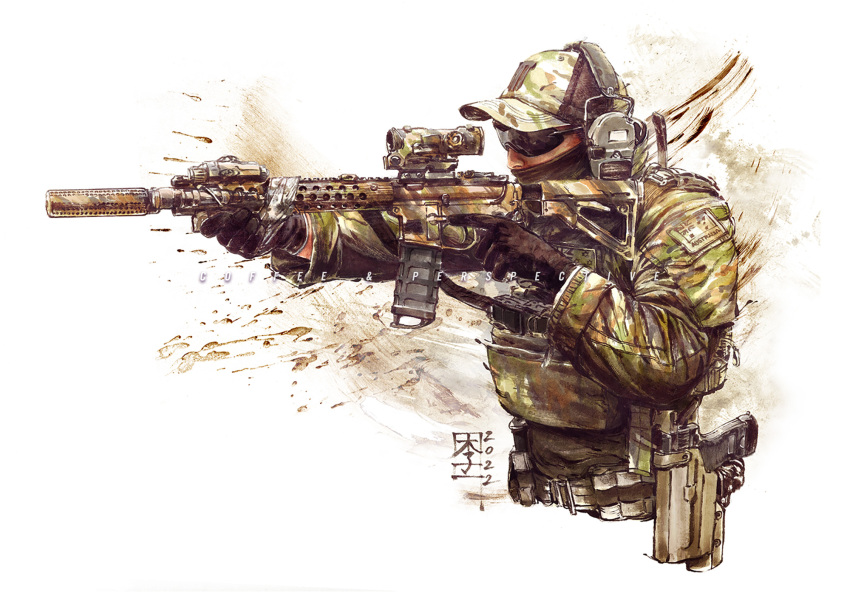 1other 2022 aiming ambiguous_gender assault_rifle australia australian_flag baseball_cap belt black_gloves black_headwear black_mask body_armor camouflage camouflage_headwear camouflage_jacket camouflage_paint charcoal_(medium) commentary covered_mouth cropped_torso english_commentary facebook_username facing_to_the_side from_side glock gloves green_headwear green_jacket gun handgun hat headset highres holding holding_gun holding_weapon holster holstered jacket kanji laser_sight load_bearing_vest long_sleeves m4_carbine magazine_(weapon) mar-c! marker_(medium) military_hat military_jacket military_operator mixed_media multicolored_clothes multicolored_headwear multicolored_jacket nose optical_sight original other_focus patch photoshop_(medium) plate_carrier realistic rifle shoulder_patches signature simple_background solo splatter string sunglasses suppressor tactical_clothes traditional_media trigger_discipline upper_body utility_belt watermark weapon white_background white_headwear
