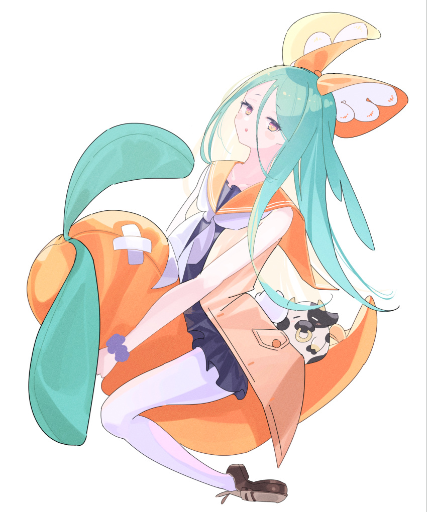 1girl artist_request bow carrot character_request copyright_request dress green_hair hair_between_eyes hair_bow heart heart-shaped_pupils highres long_hair looking_at_viewer mary_janes orange_bow orange_sailor_collar pink_eyes sailor_collar sailor_dress shoes sleeveless sleeveless_dress solo symbol-shaped_pupils tatara_(alnath_may)