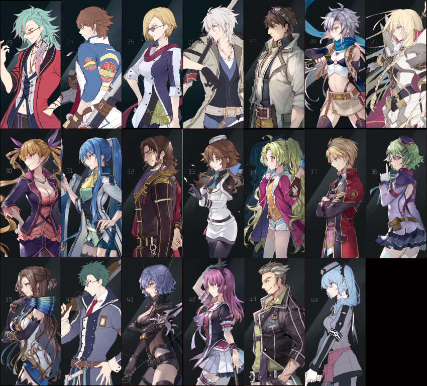 6+boys 6+girls absurdres achan_(blue_semi) ahoge arianrhod_(eiyuu_densetsu) armor black_background black_gloves black_hair blue_hair brown_hair cedric_reise_arnor claire_rieveldt coat cropped_jacket crossed_arms crow_armbrust eiyuu_densetsu fie_claussell george_nome giliath_osborne gloves goggles goggles_on_head green_hair gun half_updo hand_fan handgun hat highres holding holding_fan holding_gun holding_hands holding_knife holding_string holding_weapon irina_reinford knife laura_s._arseid lloyd_bannings long_hair looking_at_viewer machias_regnitz mariabell_crois mcburn mullet multiple_boys multiple_girls musse_egret navel numbered paper_fan pointing pointing_up ponytail purple_eyes purple_hair renne_(eiyuu_densetsu) rutger_claussell scarf sen_no_kiseki sen_no_kiseki_iv sharon_kreuger short_hair shorts skirt smile string thighhighs thors_military_academy_class_vii_uniform towa_herschel two-tone_background vita_clotilde weapon white_gloves