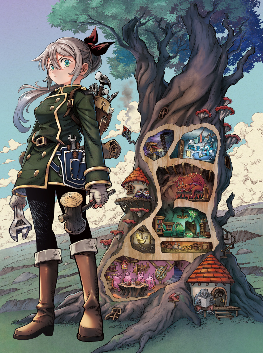 1girl absurdres backpack bag bandaged_hand bandages bathroom bed bow buttons cloud cloudy_sky cover cover_page dragon fantasy full_body green_eyes green_shirt grey_hair hair_bow hammer highres holding holding_hammer holding_wrench house long_hair looking_at_viewer manga_cover map mimic mimic_chest monster mushroom official_art outdoors ponytail red_bow serious shirt sky slime_(creature) smoke soara_to_mamono_no_ie standing toilet tools treasure tree wall_cross-section wrench yamaji_hidenori