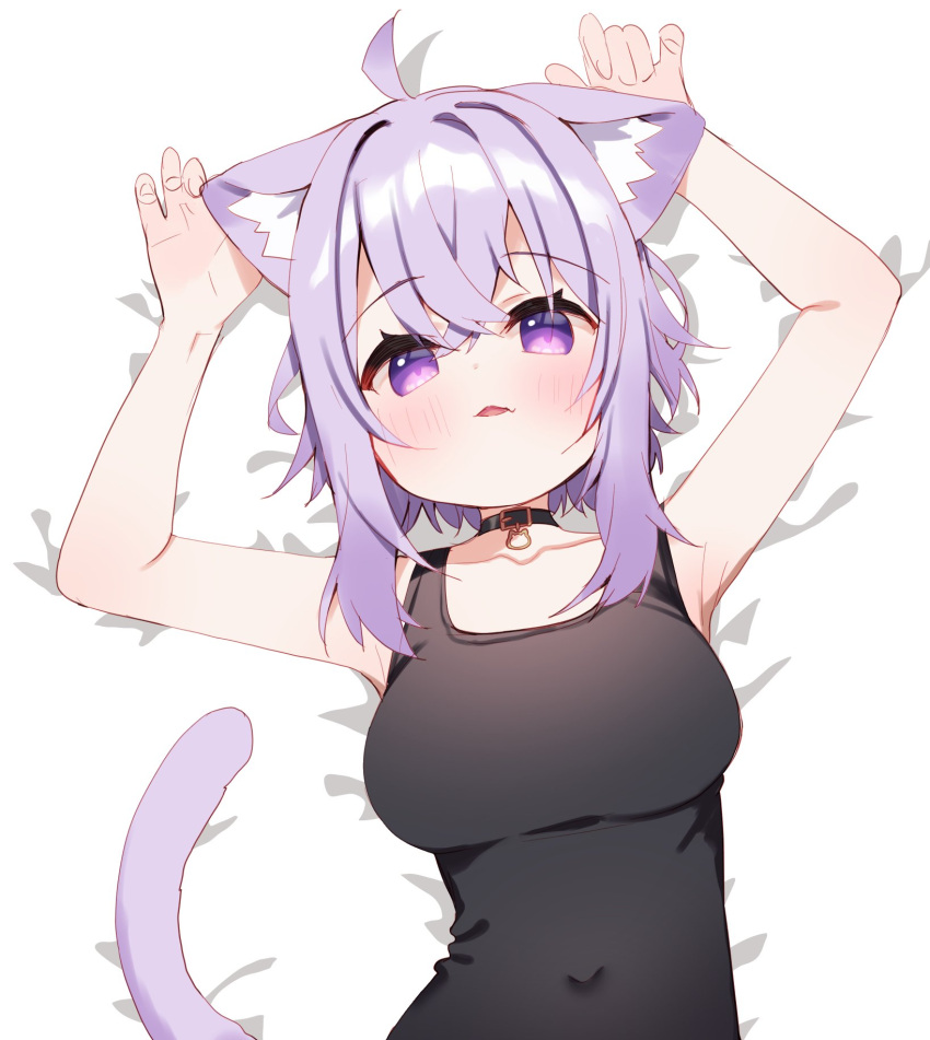 1girl ahoge animal_ear_fluff animal_ears armpits arms_up bare_arms bed_sheet black_collar black_one-piece_swimsuit blush breasts cat_ears cat_girl cat_tail collar collarbone covered_navel fang fang_out hair_between_eyes highres hololive looking_at_viewer lying medium_breasts meito_(maze) nekomata_okayu on_back one-piece_swimsuit parted_lips purple_eyes purple_hair solo swimsuit tail virtual_youtuber