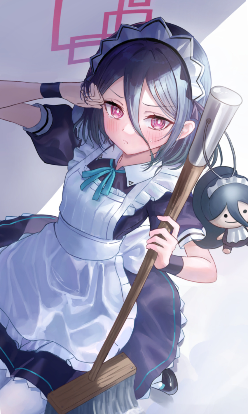 &lt;key&gt;_(blue_archive) 1girl apron aris_(blue_archive) aris_(maid)_(blue_archive) black_dress black_hair black_wristband blue_archive blue_ribbon blush breasts bright_pupils closed_mouth collared_dress commentary_request dress frown hair_between_eyes halo hand_up highres holding holding_mop long_bangs long_hair looking_at_viewer lunel maid maid_apron maid_headdress mop neck_ribbon official_alternate_costume puffy_short_sleeves puffy_sleeves purple_eyes red_halo ribbon short_sleeves small_breasts solo stuffed_toy upper_body white_apron white_pupils