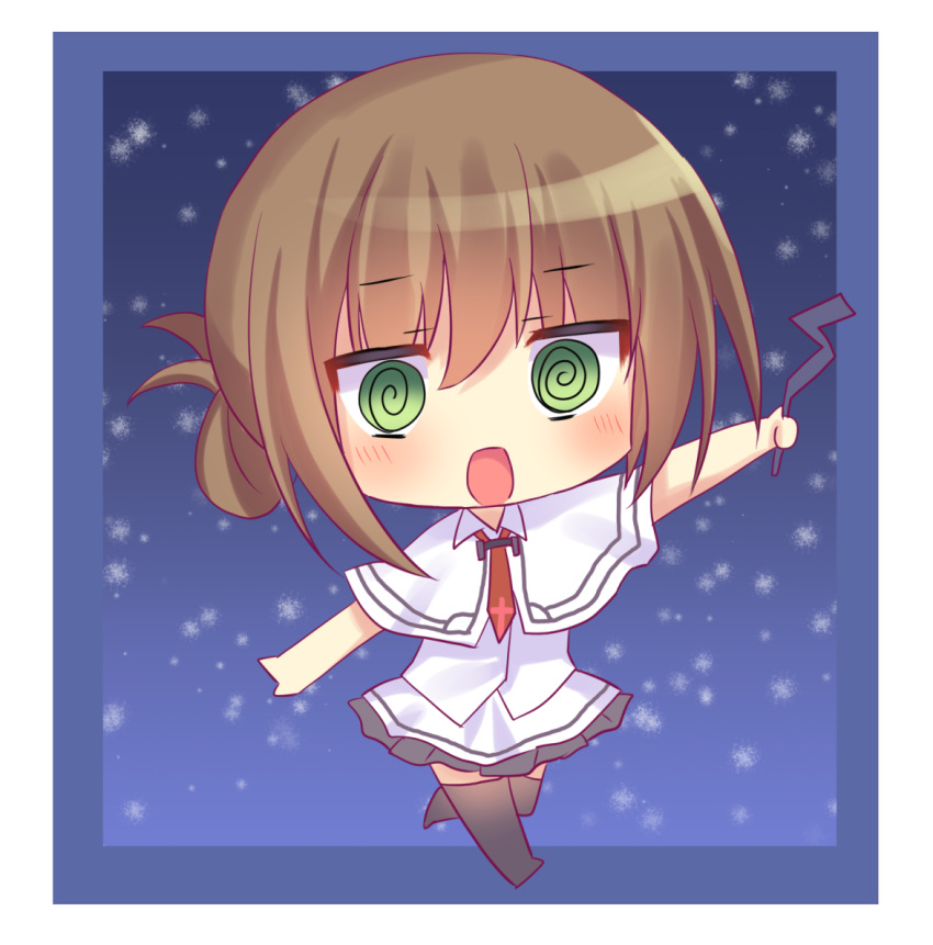 1girl @_@ arm_at_side arm_up black_thighhighs blue_background blush border brown_hair capelet chibi commentary_request crazy eyes_visible_through_hair folded_ponytail frilled_skirt frills green_eyes hair_between_eyes holding holding_whip jitome korokoro_cat medium_hair necktie open_mouth red_necktie school_uniform shirt simple_background skirt smile snowing solo subarashiki_hibi tachibana_kimika thighhighs walking white_border white_capelet white_shirt white_skirt wide-eyed zettai_ryouiki