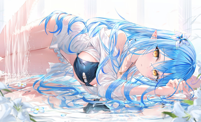 ahoge bare_shoulders bikini black_bikini blonde_hair blue_hair blush breasts column flower hair_flower hair_ornament highres hololive in_water jewelry large_breasts long_hair looking_at_viewer lying nail_polish necklace parted_lips pillar pointy_ears rin_yuu shirt sideboob swimsuit thighs very_long_hair water white_shirt yukihana_lamy