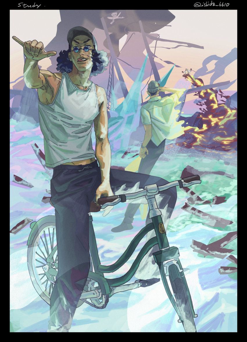 3boys absurdres aged_down alternate_costume baseball_cap battle bicycle black_hair borsalino_(kizaru) cryokinesis fire hat highres ice ishida_6610 jolly_roger kuzan_(aokiji) licking_lips looking_back male_focus midriff_peek molten_rock multiple_boys one_piece outstretched_arm pants perspective photokinesis pyrokinesis riding riding_bicycle sakazuki_(akainu) skinny smile sunglasses tank_top tongue tongue_out white_tank_top