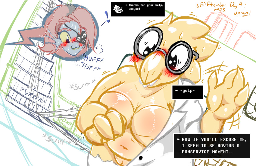 alphys big_breasts blush breasts clothing clothing_destruction coat embarrassed escalator explicit eye_patch eyewear fish frist44 genitals gesture glasses hi_res lab_(disambiguation) lab_coat lizard marine pussy reptile scalie slightly_chubby topwear undertale_(series) undyne unraveling waving